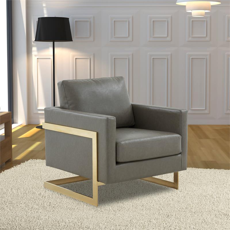LeisureMod Lincoln Leather Accent Arm Chair With Gold Frame in Gray