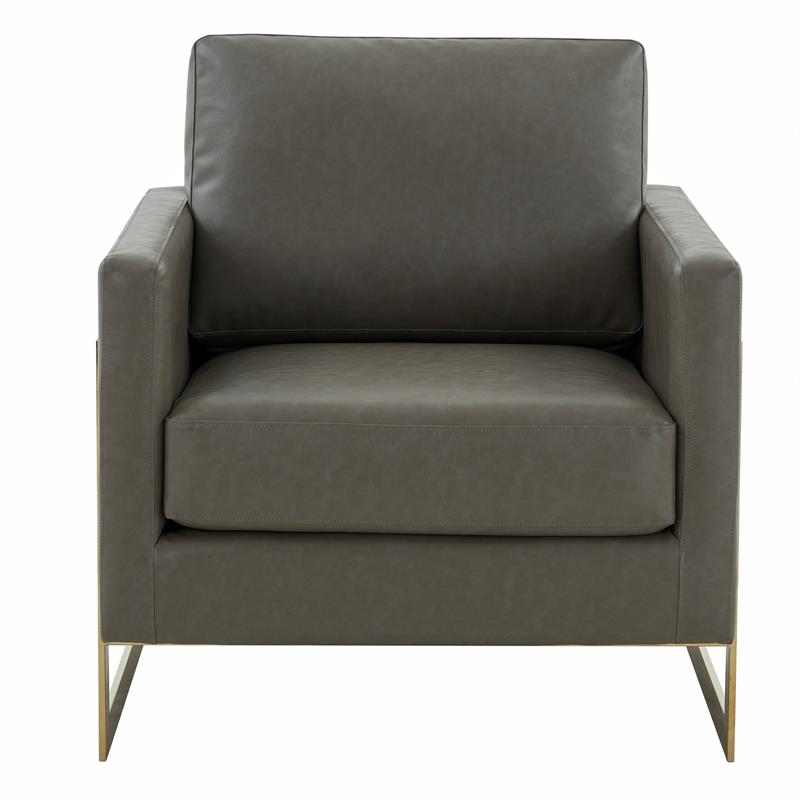 LeisureMod Lincoln Leather Accent Arm Chair With Gold Frame in Gray