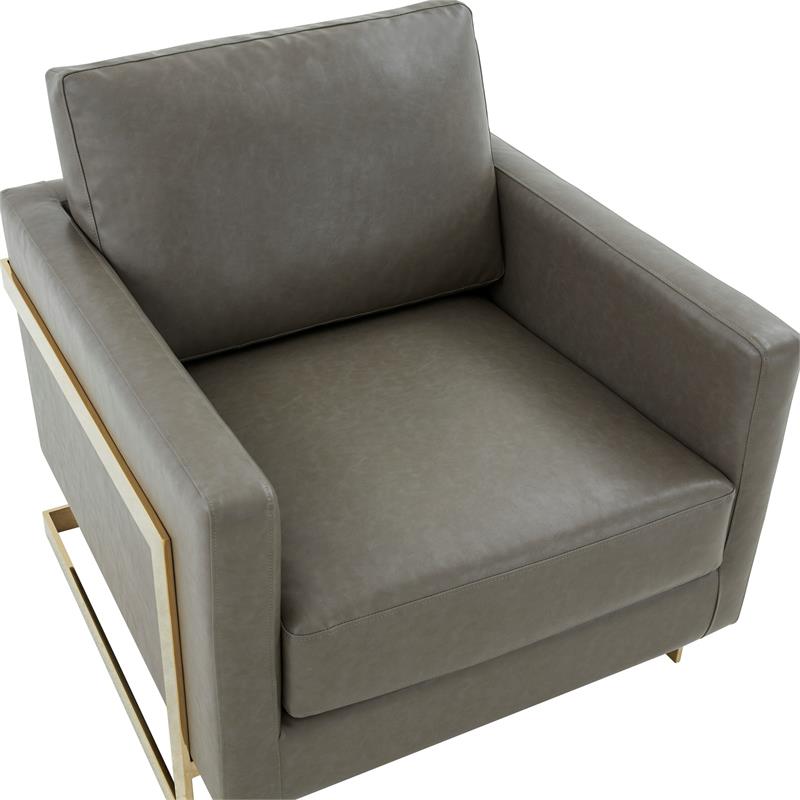 LeisureMod Lincoln Leather Accent Arm Chair With Gold Frame in Gray