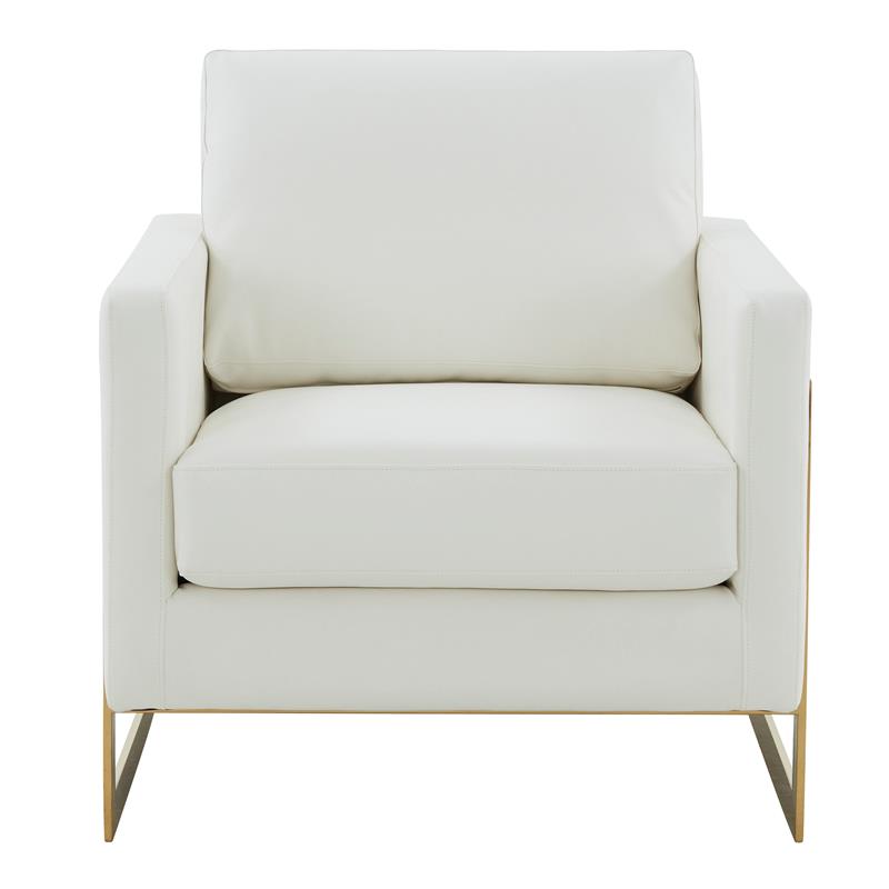 LeisureMod Lincoln Leather Accent Arm Chair With Gold Frame in White