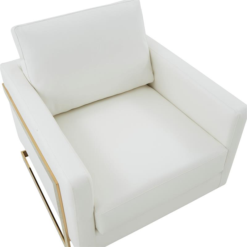 LeisureMod Lincoln Leather Accent Arm Chair With Gold Frame in White