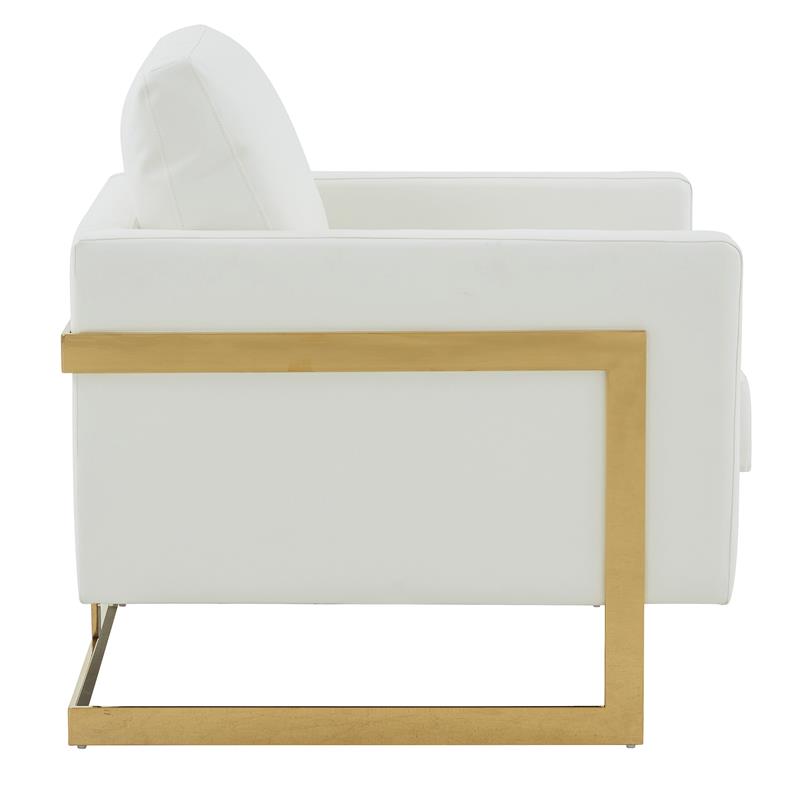 LeisureMod Lincoln Leather Accent Arm Chair With Gold Frame in White