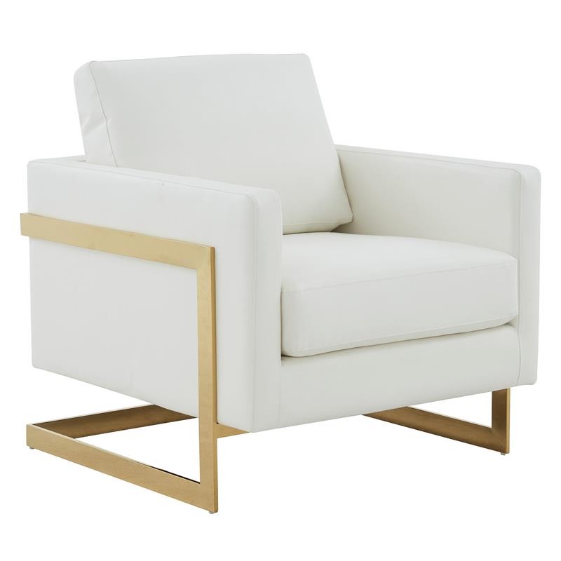 LeisureMod Lincoln Leather Accent Arm Chair With Gold Frame in White