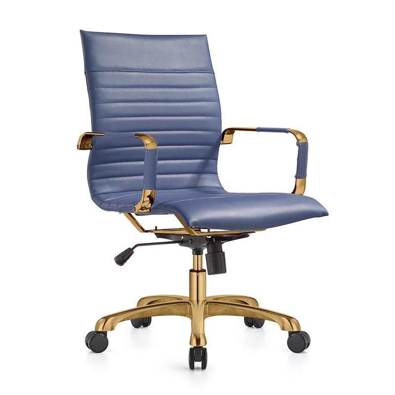 LeisureMod Harris Modern Leather Swivel Gold Office Chair in Navy Blue