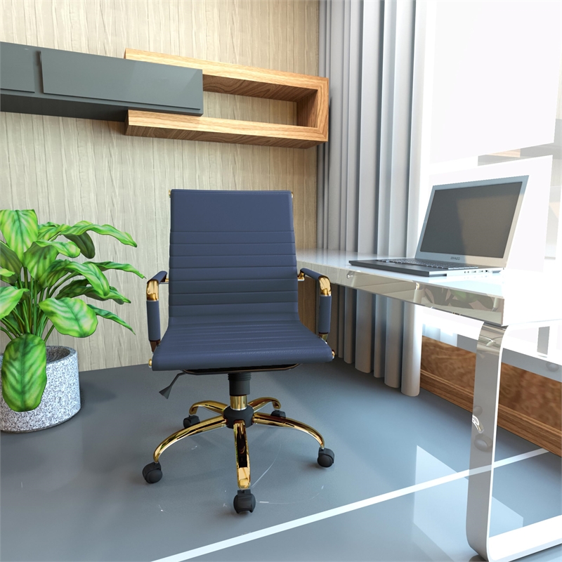 LeisureMod Harris Modern Leather Swivel Gold Office Chair in Navy Blue