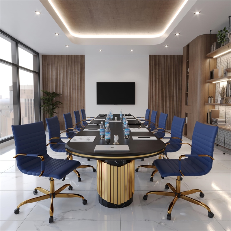 LeisureMod Harris Modern Leather Swivel Gold Office Chair in Navy Blue