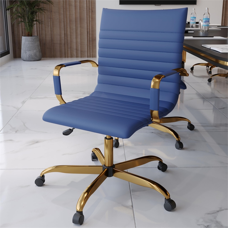 LeisureMod Harris Modern Leather Swivel Gold Office Chair in Navy Blue