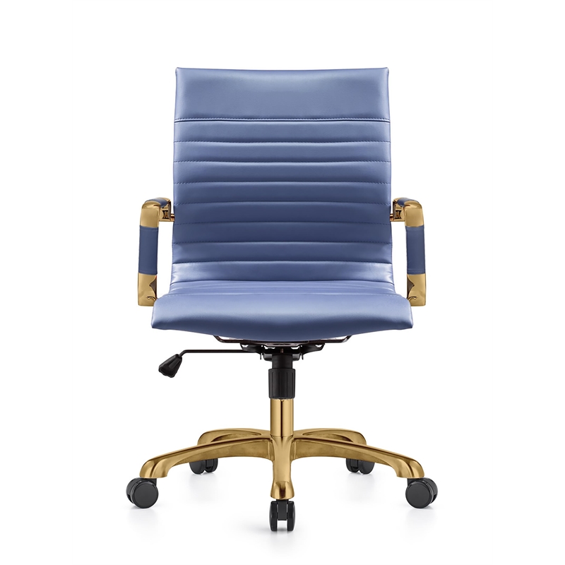 LeisureMod Harris Modern Leather Swivel Gold Office Chair in Navy Blue