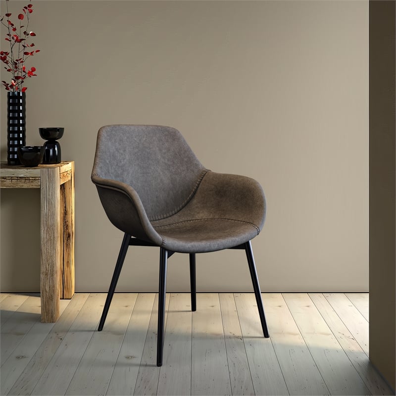 LeisureMod Markley Leather Dining Armchair Metal Legs Set of 2 in Charcoal Black
