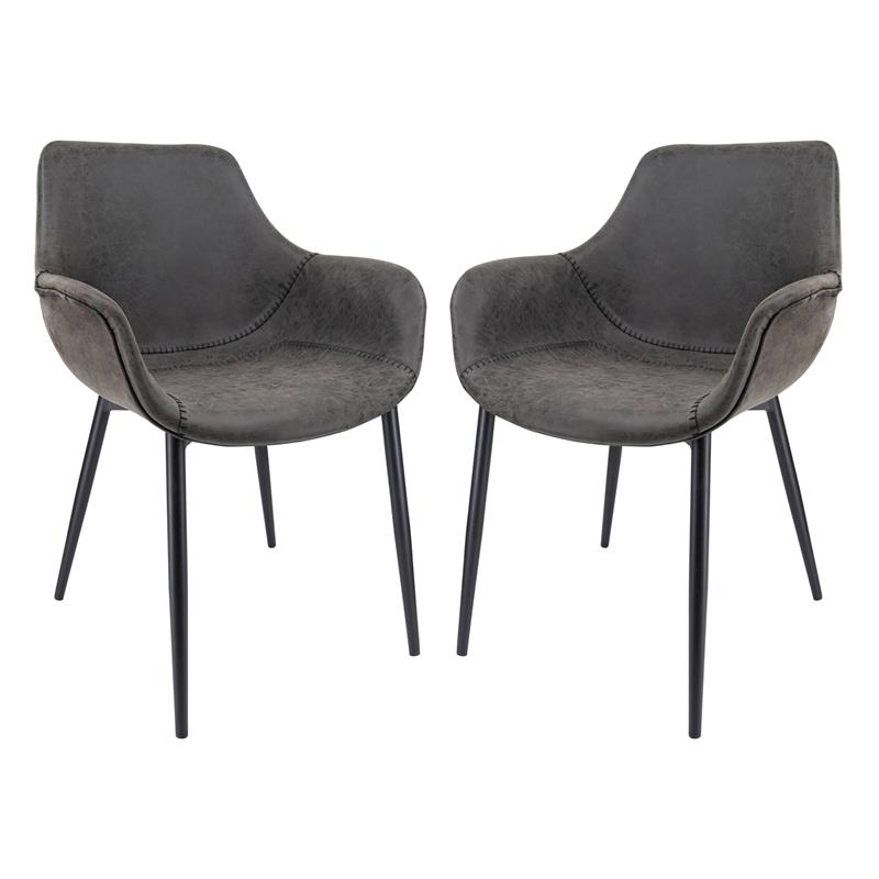LeisureMod Markley Leather Dining Armchair Metal Legs Set of 2 in Charcoal Black