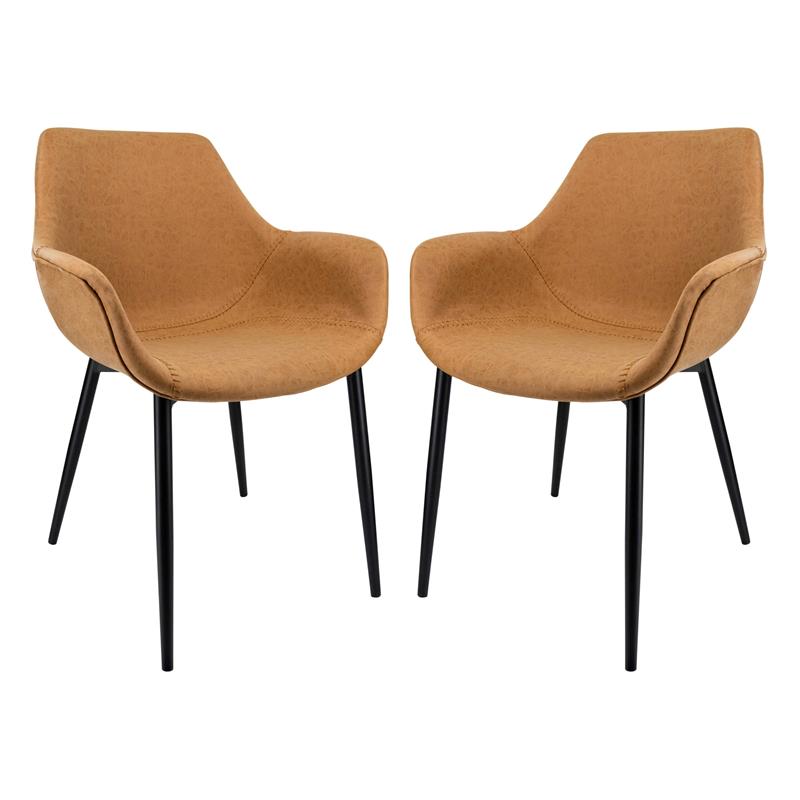 LeisureMod Markley Leather Dining Armchair Metal Legs Set of 2 in Light Brown