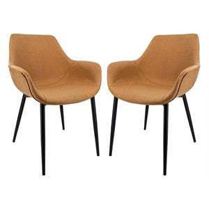 LeisureMod Markley Leather Dining Armchair Metal Legs Set of 2 in Light Brown