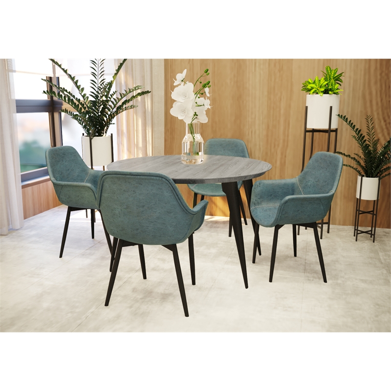 LeisureMod Markley Leather Dining Armchair Metal Legs Set of 2 in Peacock Blue