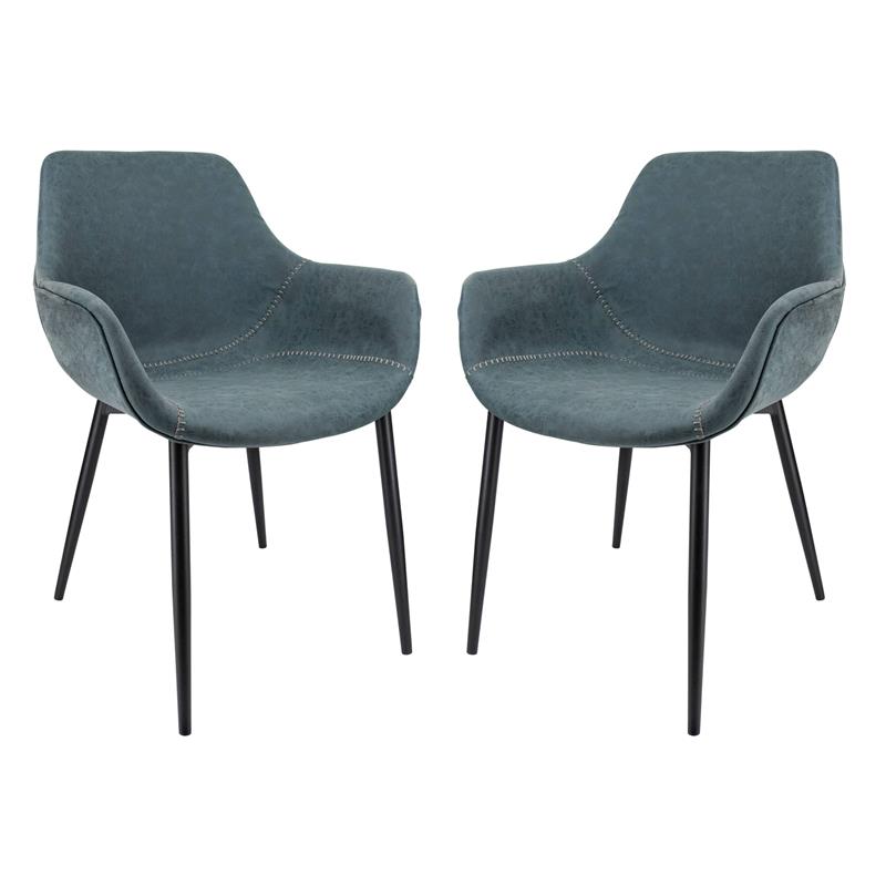 LeisureMod Markley Leather Dining Armchair Metal Legs Set of 2 in Peacock Blue