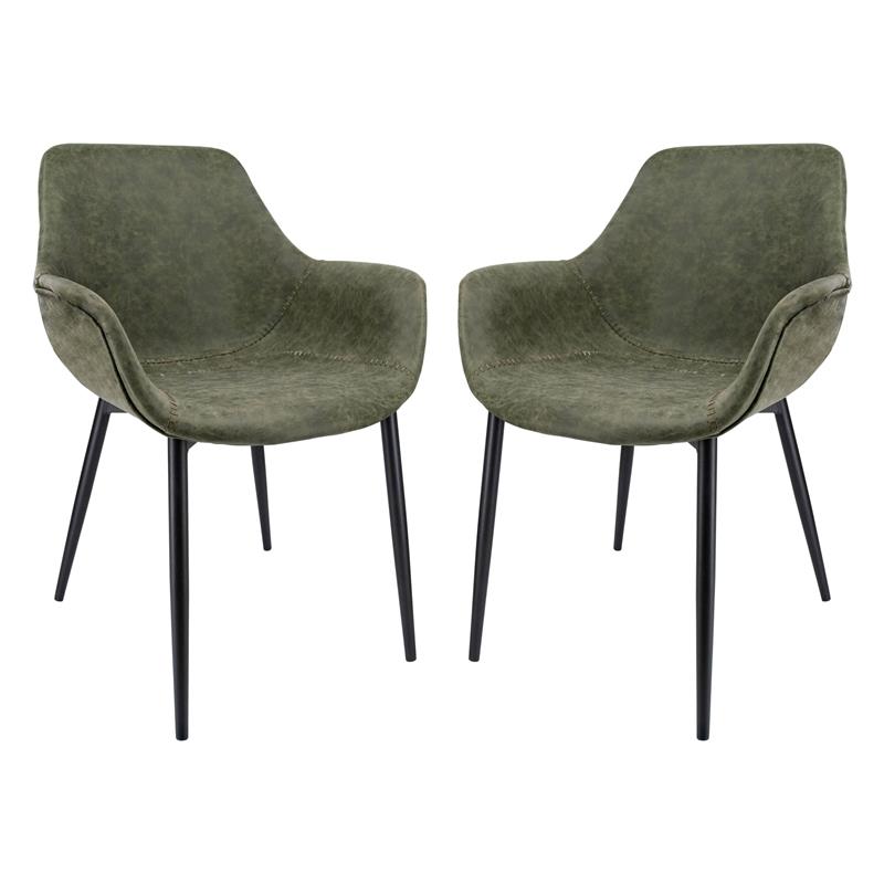 LeisureMod Markley Leather Dining Armchair Metal Legs Set of 2 in Olive Green