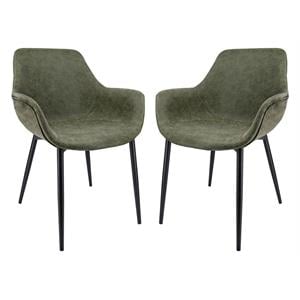 LeisureMod Markley Leather Dining Armchair Metal Legs Set of 2 in Olive Green