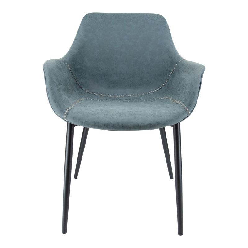 LeisureMod Markley Leather Dining Armchair Metal Legs Set of 4 in Peacock Blue