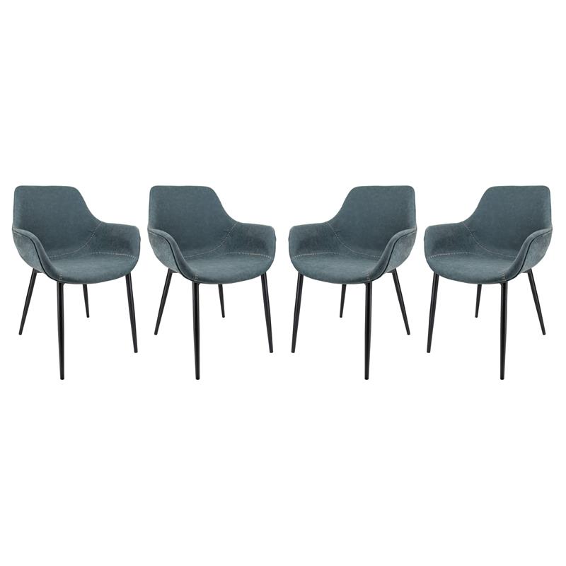 LeisureMod Markley Leather Dining Armchair Metal Legs Set of 4 in Peacock Blue
