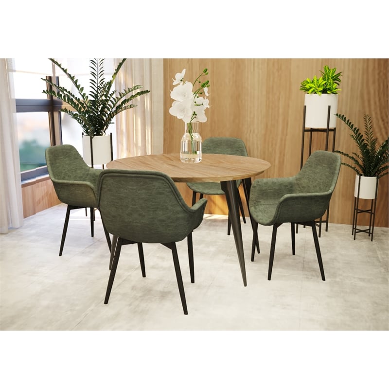 LeisureMod Markley Leather Dining Armchair Metal Legs Set of 4 in Olive Green