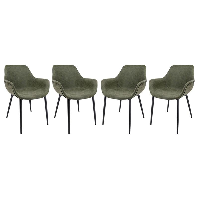 LeisureMod Markley Leather Dining Armchair Metal Legs Set of 4 in Olive Green
