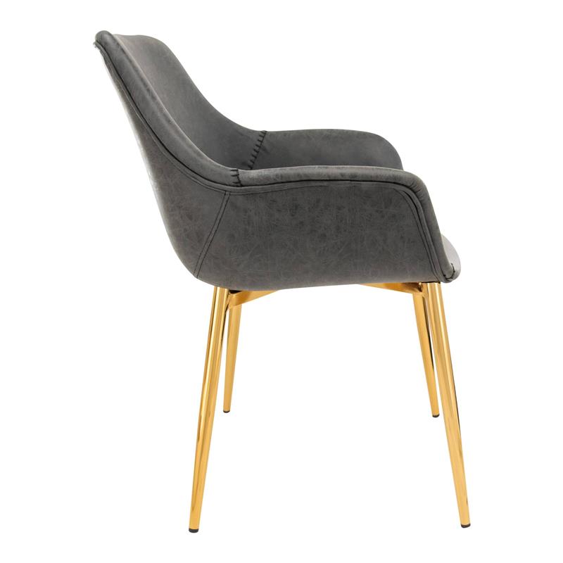 LeisureMod Markley Leather Dining Armchair Gold Legs Set of 2 in Charcoal Black