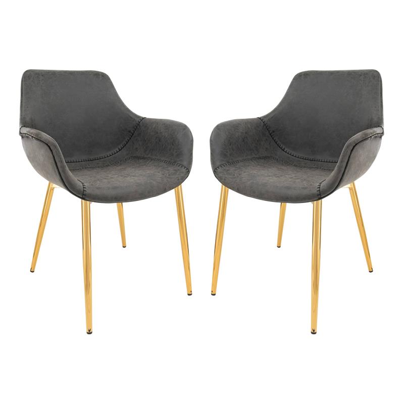 LeisureMod Markley Leather Dining Armchair Gold Legs Set of 2 in Charcoal Black