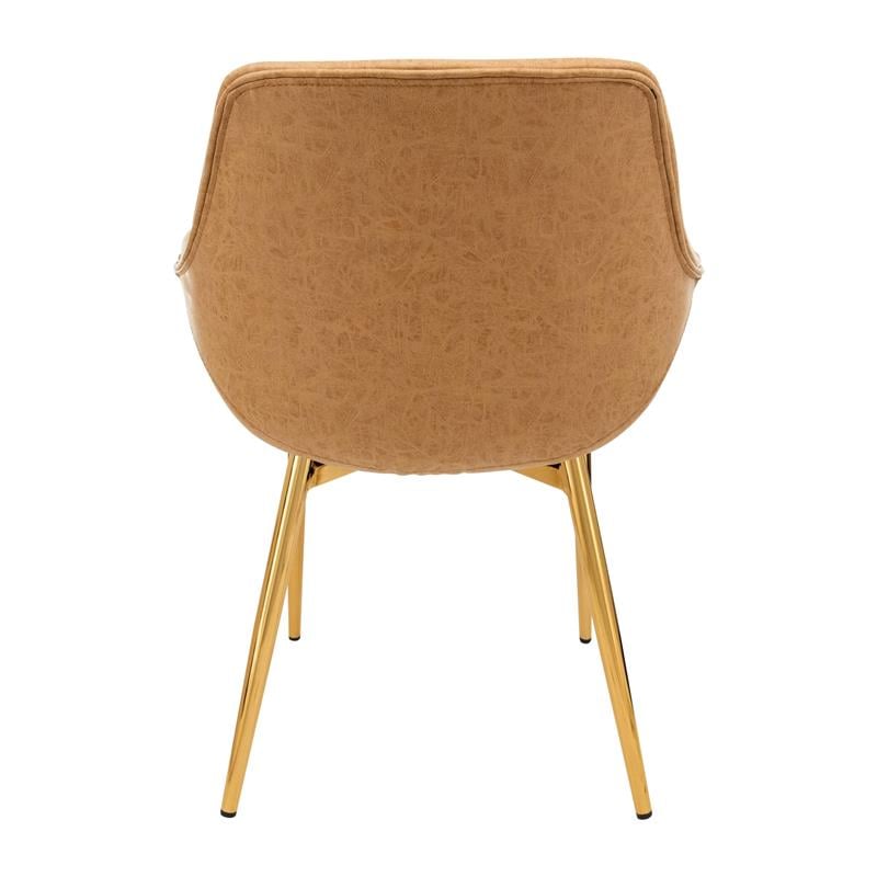 LeisureMod Markley Leather Dining Armchair Gold Legs Set of 2 in Light Brown