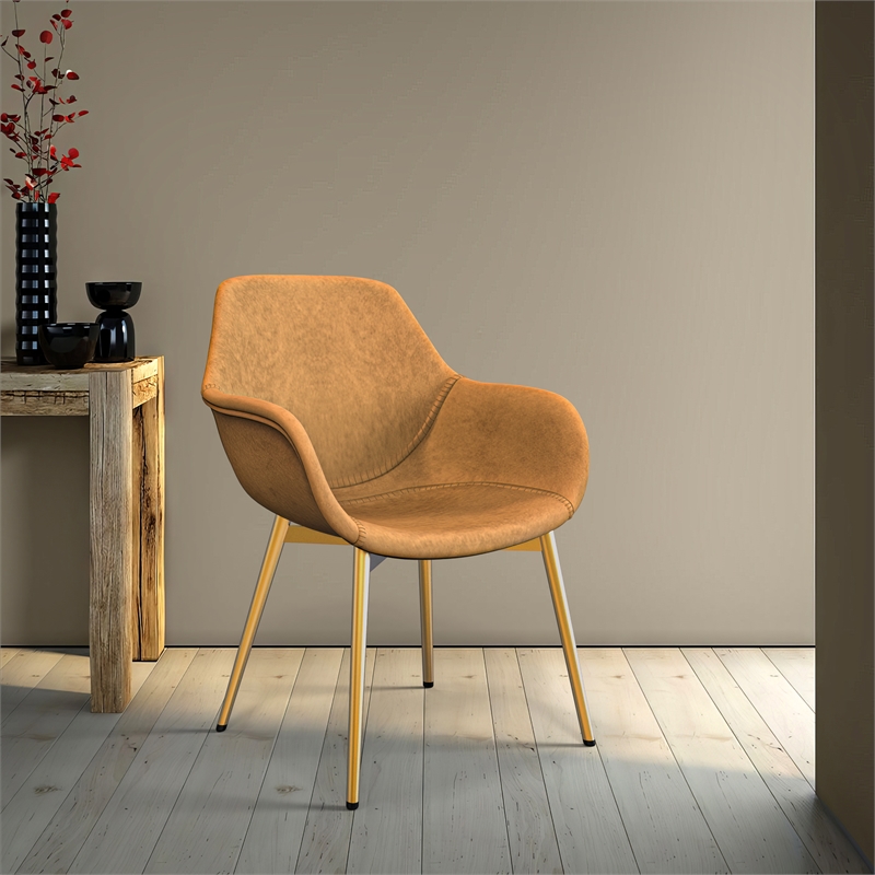 LeisureMod Markley Leather Dining Armchair Gold Legs Set of 2 in Light Brown