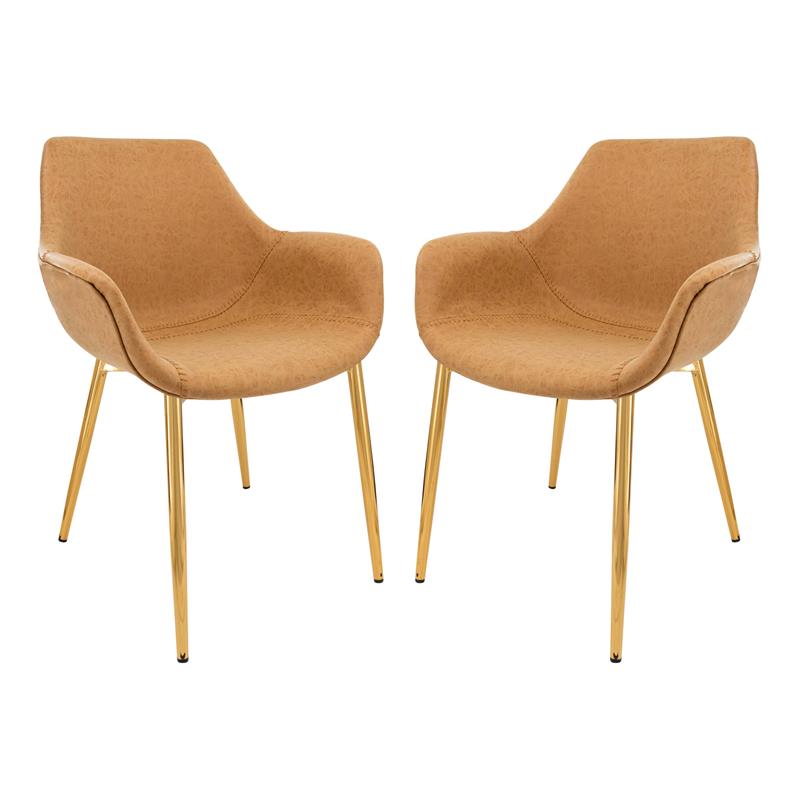 LeisureMod Markley Leather Dining Armchair Gold Legs Set of 2 in Light Brown