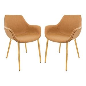 LeisureMod Markley Leather Dining Armchair Gold Legs Set of 2 in Light Brown