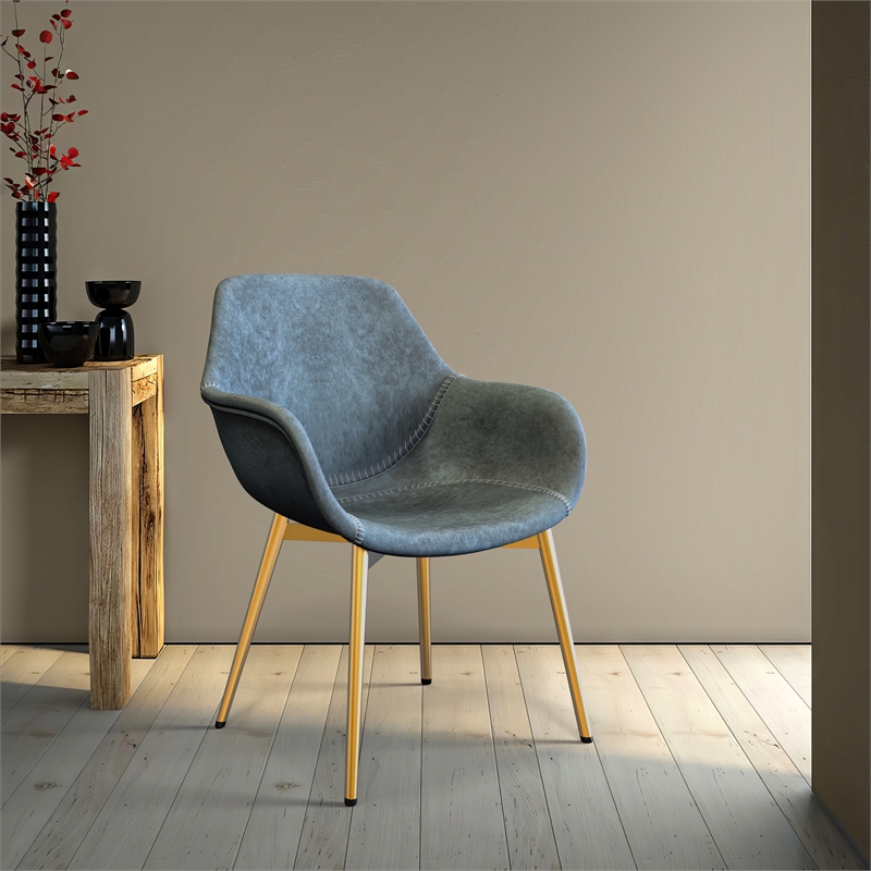 LeisureMod Markley Leather Dining Armchair Gold Legs Set of 2 in Peacock Blue