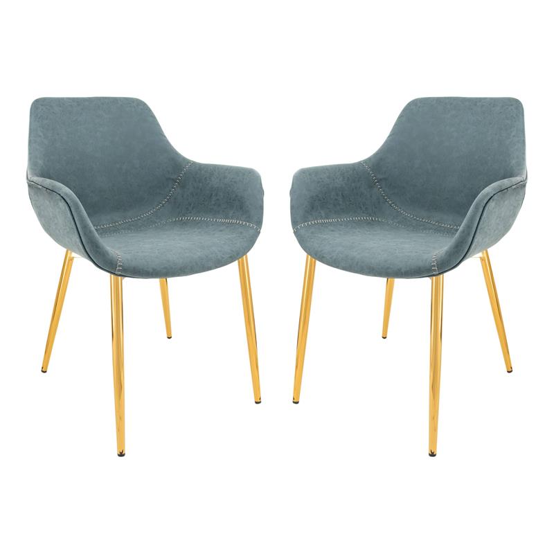 LeisureMod Markley Leather Dining Armchair Gold Legs Set of 2 in Peacock Blue