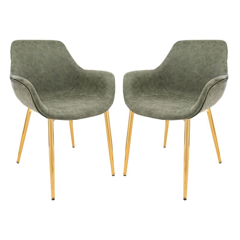LeisureMod Markley Leather Dining Armchair Gold Legs Set of 2 in Olive Green
