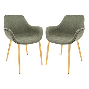 LeisureMod Markley Leather Dining Armchair Gold Legs Set of 2 in Olive Green