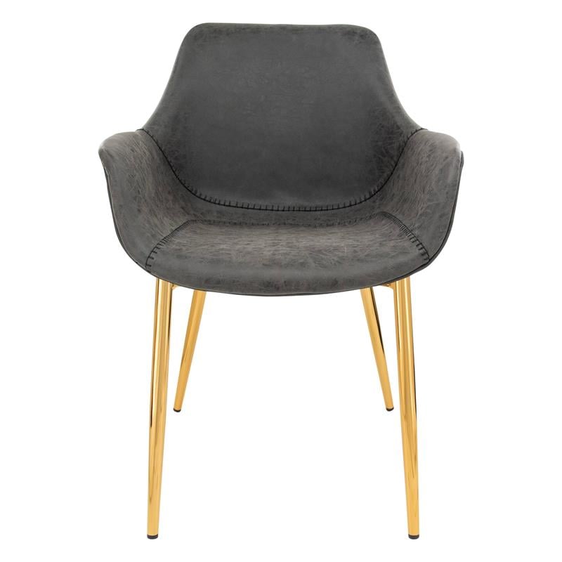 LeisureMod Markley Leather Dining Armchair Gold Legs Set of 4 in Charcoal Black