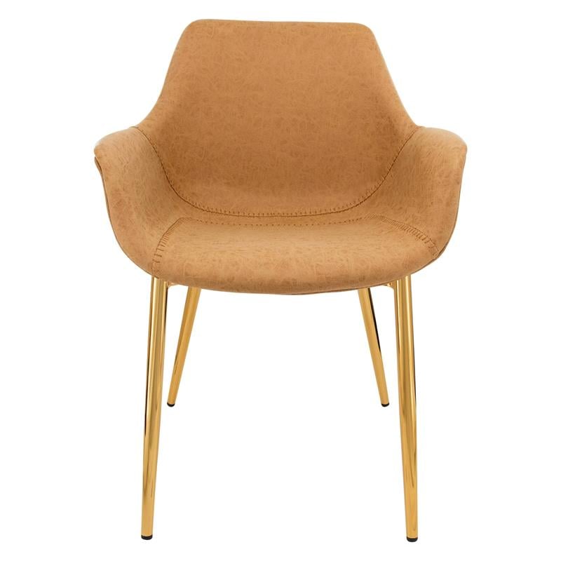 LeisureMod Markley Leather Dining Armchair Gold Legs Set of 4 in Light Brown