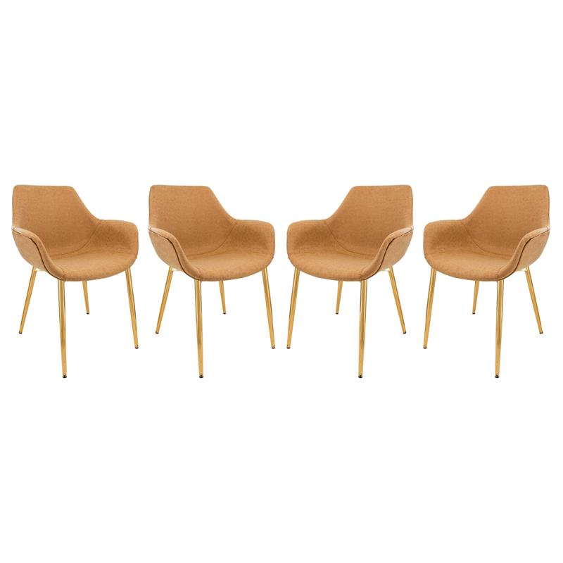 LeisureMod Markley Leather Dining Armchair Gold Legs Set of 4 in Light Brown