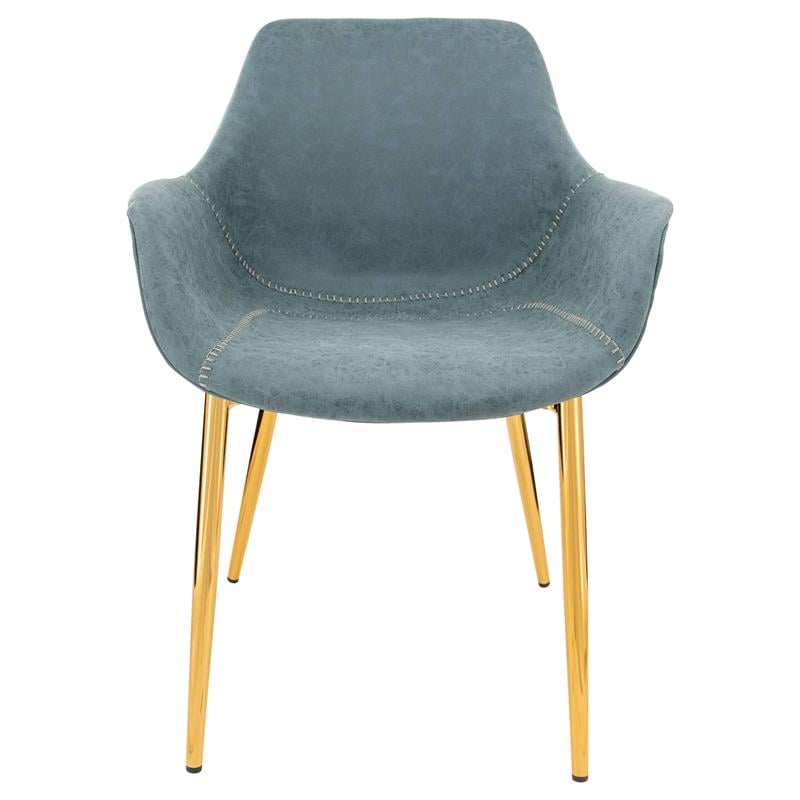 LeisureMod Markley Leather Dining Armchair Gold Legs Set of 4 in Peacock Blue