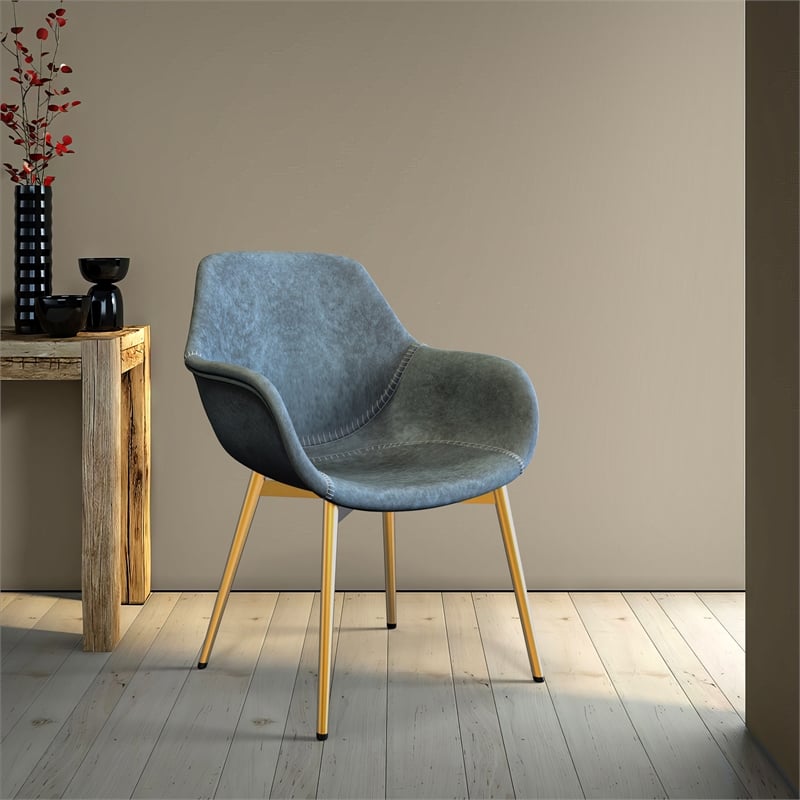 LeisureMod Markley Leather Dining Armchair Gold Legs Set of 4 in Peacock Blue
