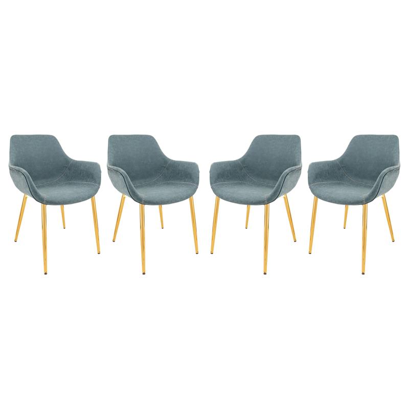 LeisureMod Markley Leather Dining Armchair Gold Legs Set of 4 in Peacock Blue