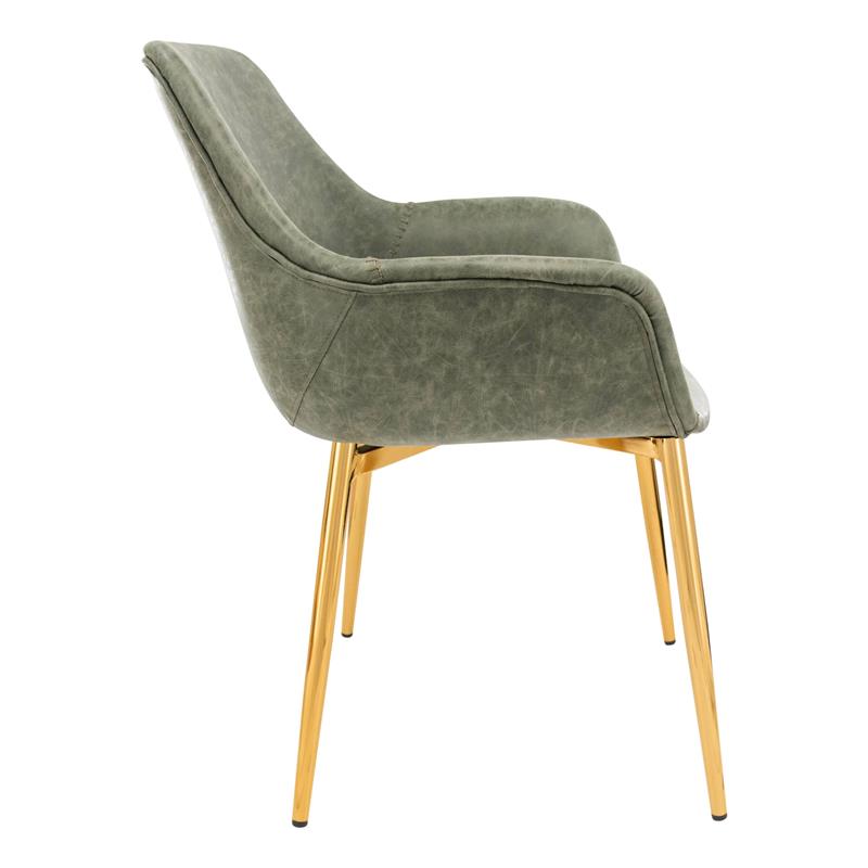 LeisureMod Markley Leather Dining Armchair Gold Legs Set of 4 in Olive Green