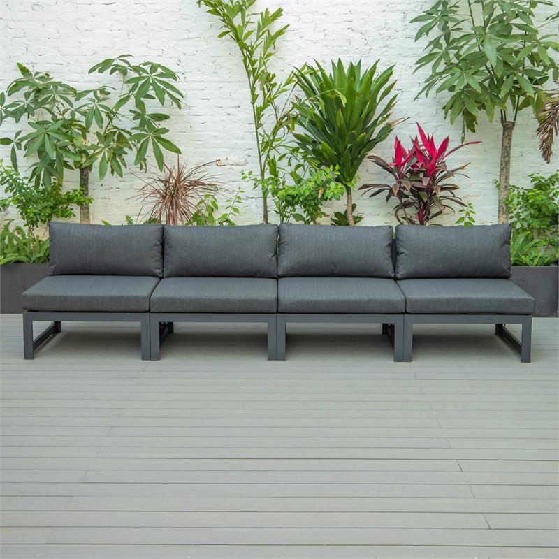 LeisureMod Chelsea 4-Piece Armless Patio Chairs with Black Cushions