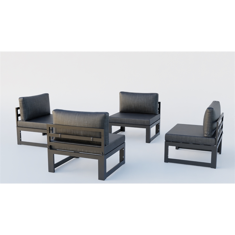 LeisureMod Chelsea 4-Piece Armless Patio Chairs with Black Cushions