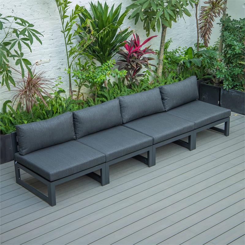 LeisureMod Chelsea 4-Piece Armless Patio Chairs with Black Cushions
