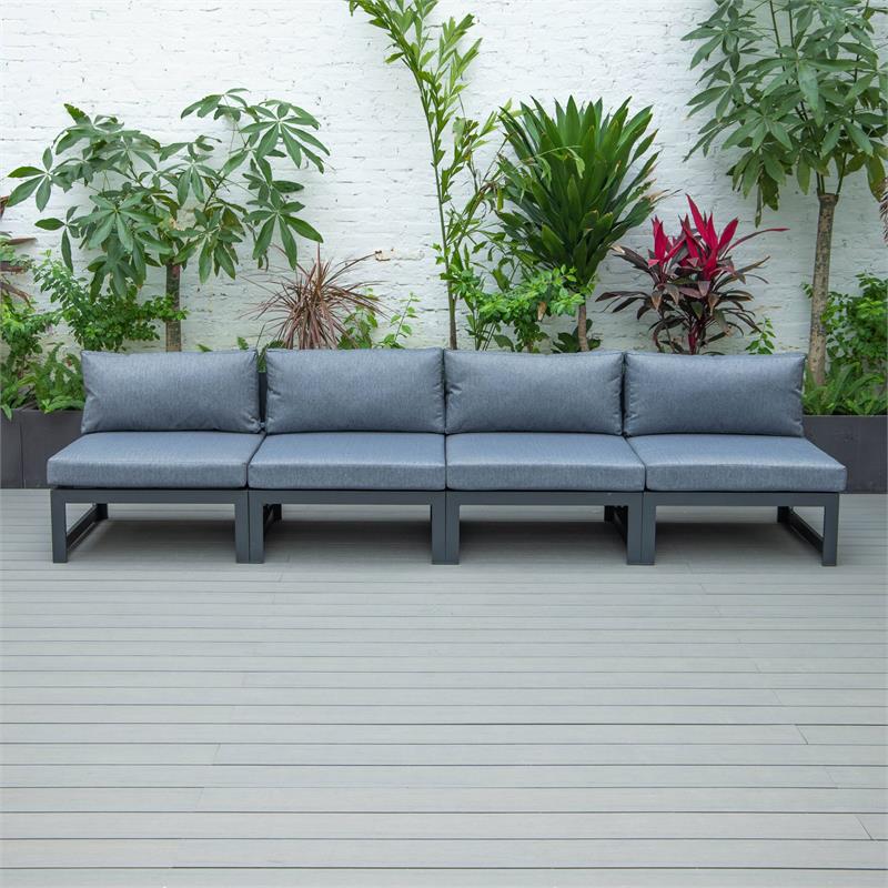 LeisureMod Chelsea 4-Piece Armless Patio Chairs with Blue Cushions