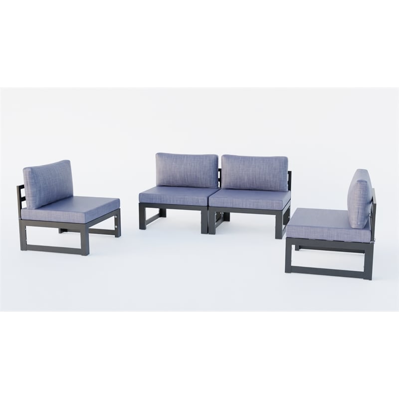LeisureMod Chelsea 4-Piece Armless Patio Chairs with Blue Cushions
