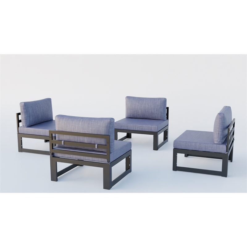 LeisureMod Chelsea 4-Piece Armless Patio Chairs with Blue Cushions