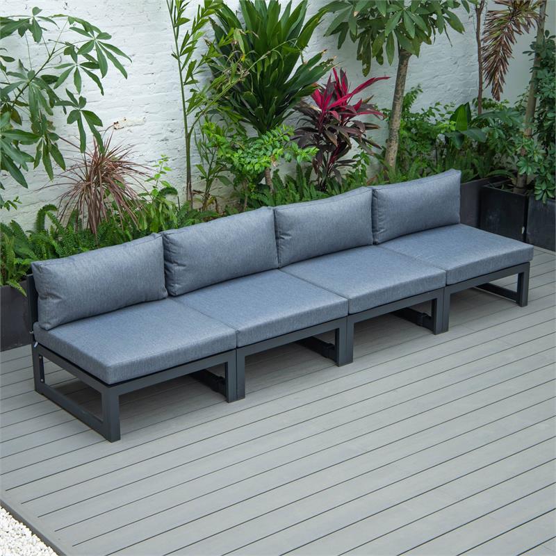 LeisureMod Chelsea 4-Piece Armless Patio Chairs with Blue Cushions