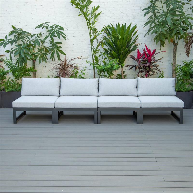 LeisureMod Chelsea 4-Piece Armless Patio Chairs with Light Grey Cushions