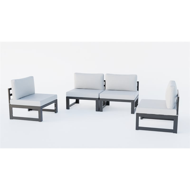 LeisureMod Chelsea 4-Piece Armless Patio Chairs with Light Grey Cushions